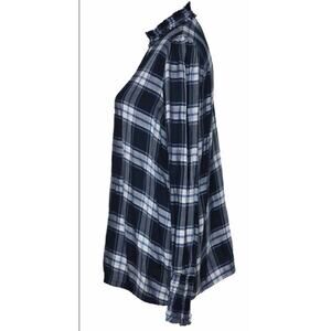 LOFT Blue Plaid Ruffle Mock Neck Blouse Long Sleeve Top - Size M